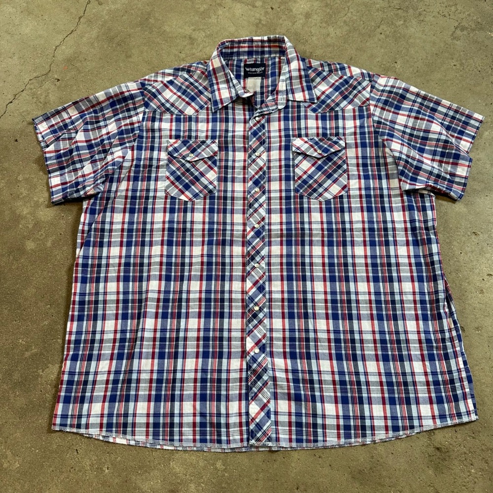 VTG Wrangler Western Shirt Mens 3XL‎ Blue Red Plaid Pearl Snap Short Sleeve Yoke